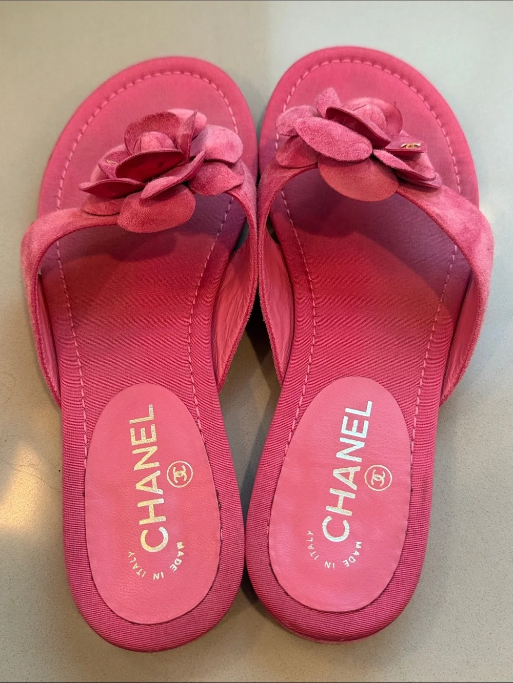 CHANEL Pink Fuchsia Suede Camellia Coco Mark Thong Sandals Size 41c
